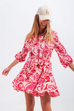 Abstract Floral Mini Dress in Pink and Red