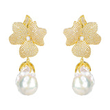 Baroque Pearl White Flower Earring Yellow Gold