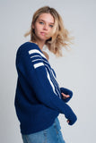 V Neck Sweater With Contrast Stripe in Blue