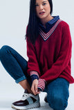 Red V-Neck Sweater With Striped Details