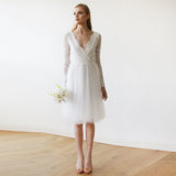 Short Wedding Dress ,Ivory Tulle & Lace Midi  Dress #1144