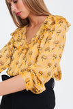 Long Sleeve v Neck Blouse With Button Detail in Yellow