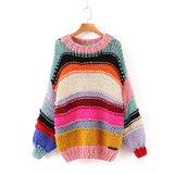 Sweet Rainbow Striped Sweater Women Fashion O-Neck Loose Pullovers Cute Girls Contrast Colors Chic Jumpers