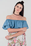 Denim Off Shoulder Ruffle Crop Top