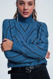 Woven Blue Turtleneck Sweater