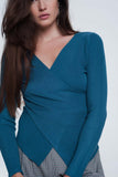 Turquoise Ribbed Wrap Sweater With V-Neck