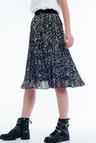 Pleated Print Midi Skirt in Black