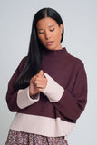 Maroon High Neck Knitted Sweater With Pink Cuffs