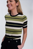 Crew Neck Boxy Jumper With Multi Stripes in Green