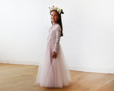 Tulle and Lace Long Sleeves Pink Flower Girls Gown 5043