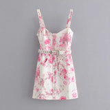 Vintage Chic Pink Floral Print Hook Button Dress Sexy Women Sweet Square Collar Sling Mini Dresses