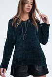 Long Sweater With Long Sleeves and V-Neck in Green