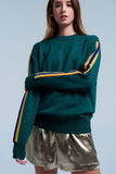 Green Sweater With Side Stripe on Sleeves