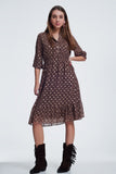 Brown Dress in Flower Print With Long Sleeves