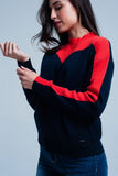 Navy Color Block Sweater With Red