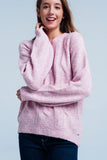 Pink Cable Knitted Sweater With Round Neck