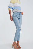 Ripped Knee Raw Hem Skinny Jeans in Light Blue