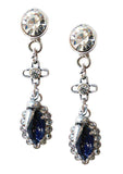 Navy Blue Swarovski Crystal Dangle and Drop Earrings With Rhinestones, Rhodium and Antique Silver Plated Brass.