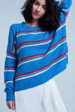 Blue Sweater With Red Glitter Stripes