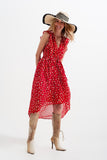 High Low Hem Tie Front Dress in Red Ditsy Floral Print