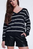 Black Sweater With Stripes and V-Neck