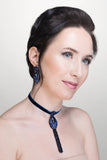 Choker Necklace With Pendant and Beaded Tassel in Dark Blue Color