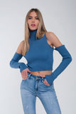 Blue Cut Out Rib Sweater in Fine Knit