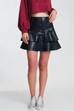 Button Up Faux Leather Mini Skirt With Ruffles in Black