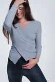 Gray Ribbed Wrap Sweater With V-Neck