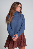 Knitted Sweater With Buttons and High Collar in Blue