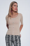 Scoop Neck Sweater With Buttons in Beige