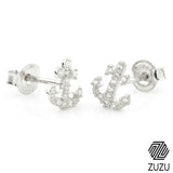 Silver Crystal Anchor Stud Earrings