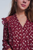 Print Ruffle Shoulder Maroon Shirt