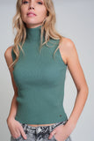 Ribbed Knit Sleeveless Sweater With High Neck in Green