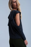 Dark Gray Top With Ruffle and Open Detail