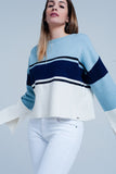 Blue Striped Sweater With Flare Sleeves