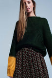 Green Knitted Sweater With Mustard Sleeves