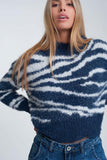 Fluffy High Neck Sweater With Stripes in Blue