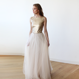 Sleeveless Gold Sequins Maxi Tulle Dress With Open-Back SALE 1099