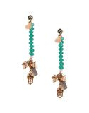 Emerald Green Crystals and Rose Gold Skull, Heart Charms Earrings