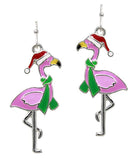 Christmas Flamingo Earrings - Green Scarf Santa Hat