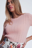 Scoop Neck Short Sleeve Pink Sweater in Fine Knit Rib