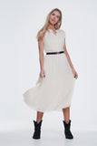 Textured Button Through Smock Dress With Tiered Skirt in Beige