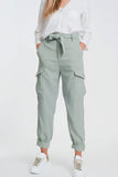 Shirred Waist Cargo Straight Leg Pants With Pockets in Green