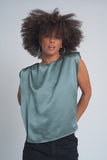 Gathered Satin Shoulder Pad Sleeveless Top in Green