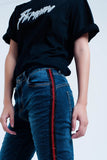 Dark Blue Boyfriend Jeans With Red Sideband