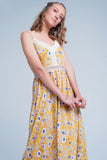 Yellow Dress With Flower Print and Crochet Cut