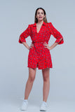 Red Printed V-Neck Dress With Collar