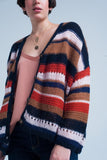 Orange Oversized Chunky Knit Cardigan With Stripes