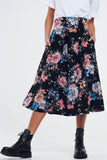 Black Floral Skirt With Box Pleats